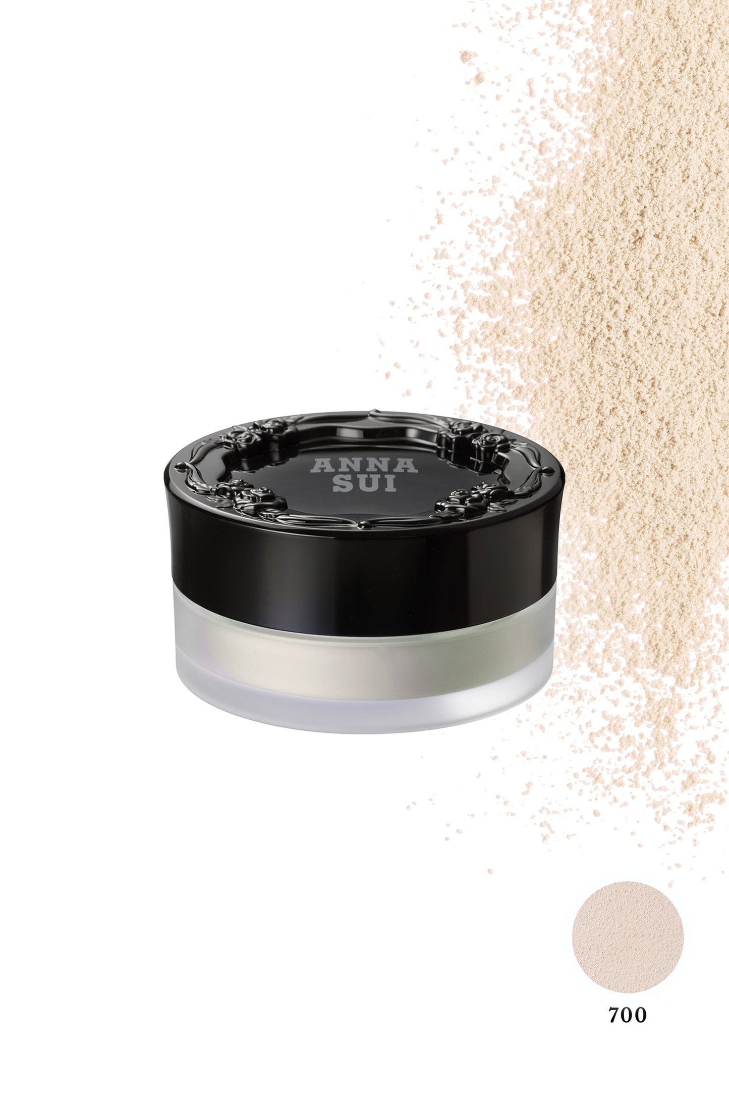 LIGHT BEIGE 700, transparent bottom case & black lid raised rose pattern, Anna Sui in a bevel