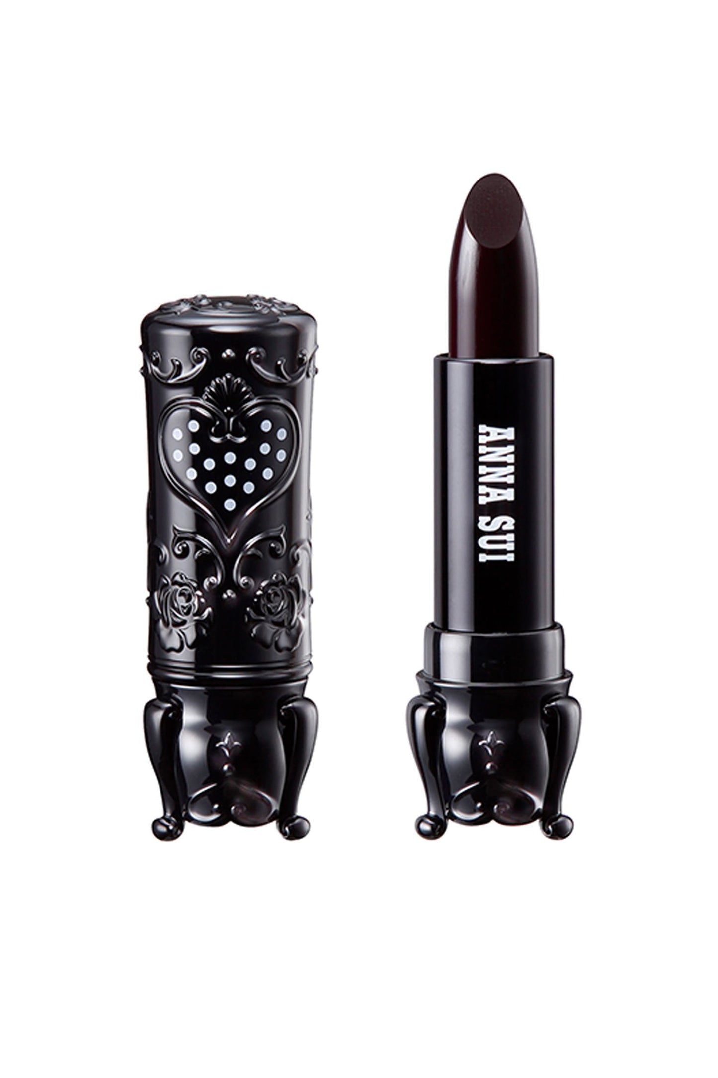 201 Deep Plum in a cylindrical case, with 3 legs, a heart with white dots & floral design on the cap