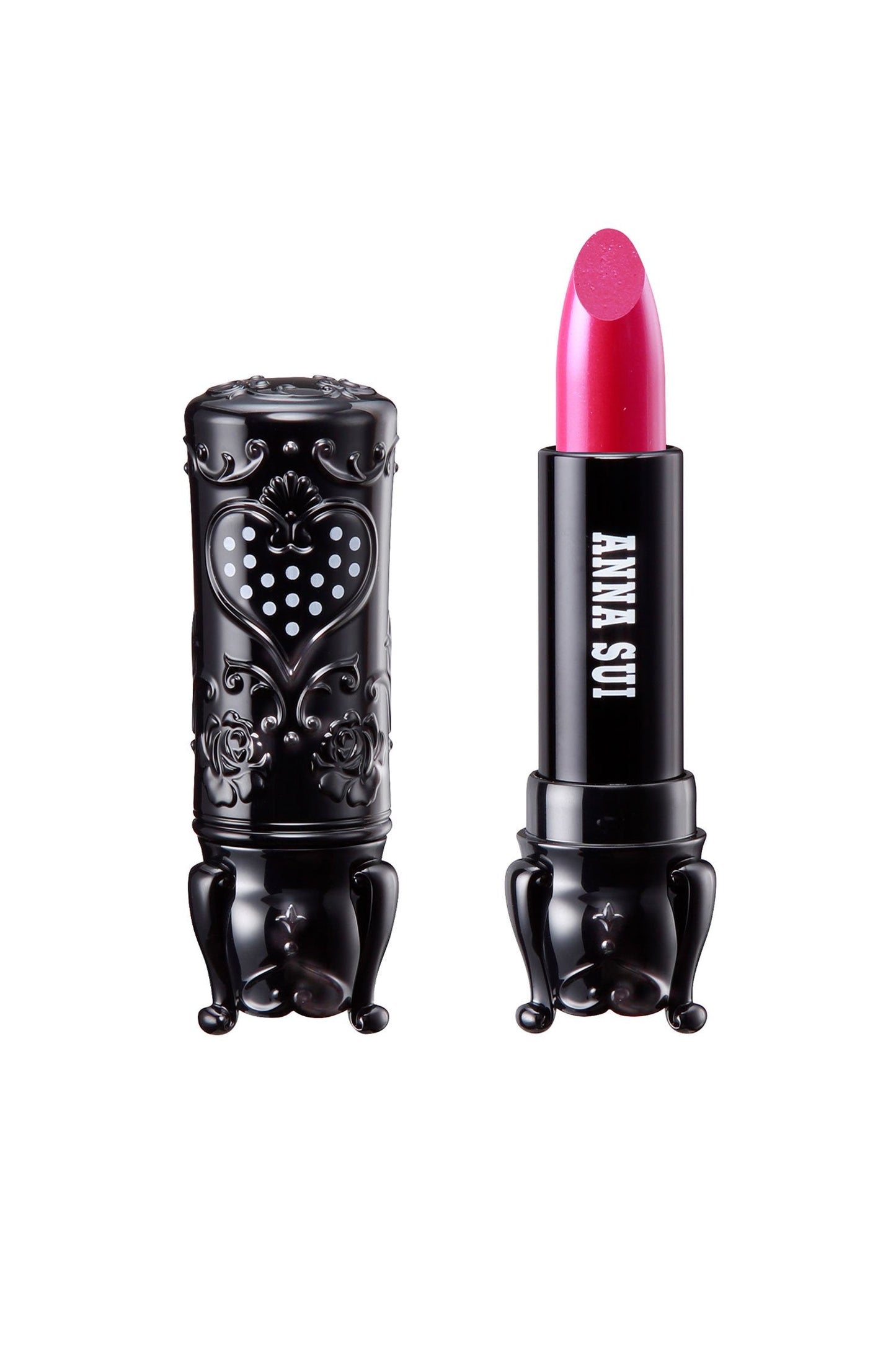 300 Plum Pink in a cylindrical case, with 3 legs, a heart with white dots & floral design on the cap