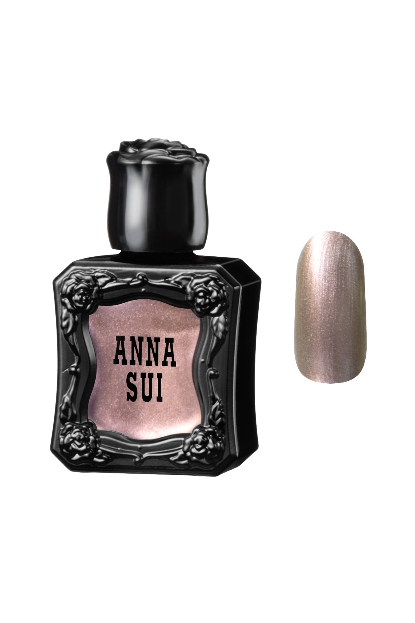 COPPER BROWN Nail Polish bottle raised rose pattern, Anna Sui in black over nail colors in front