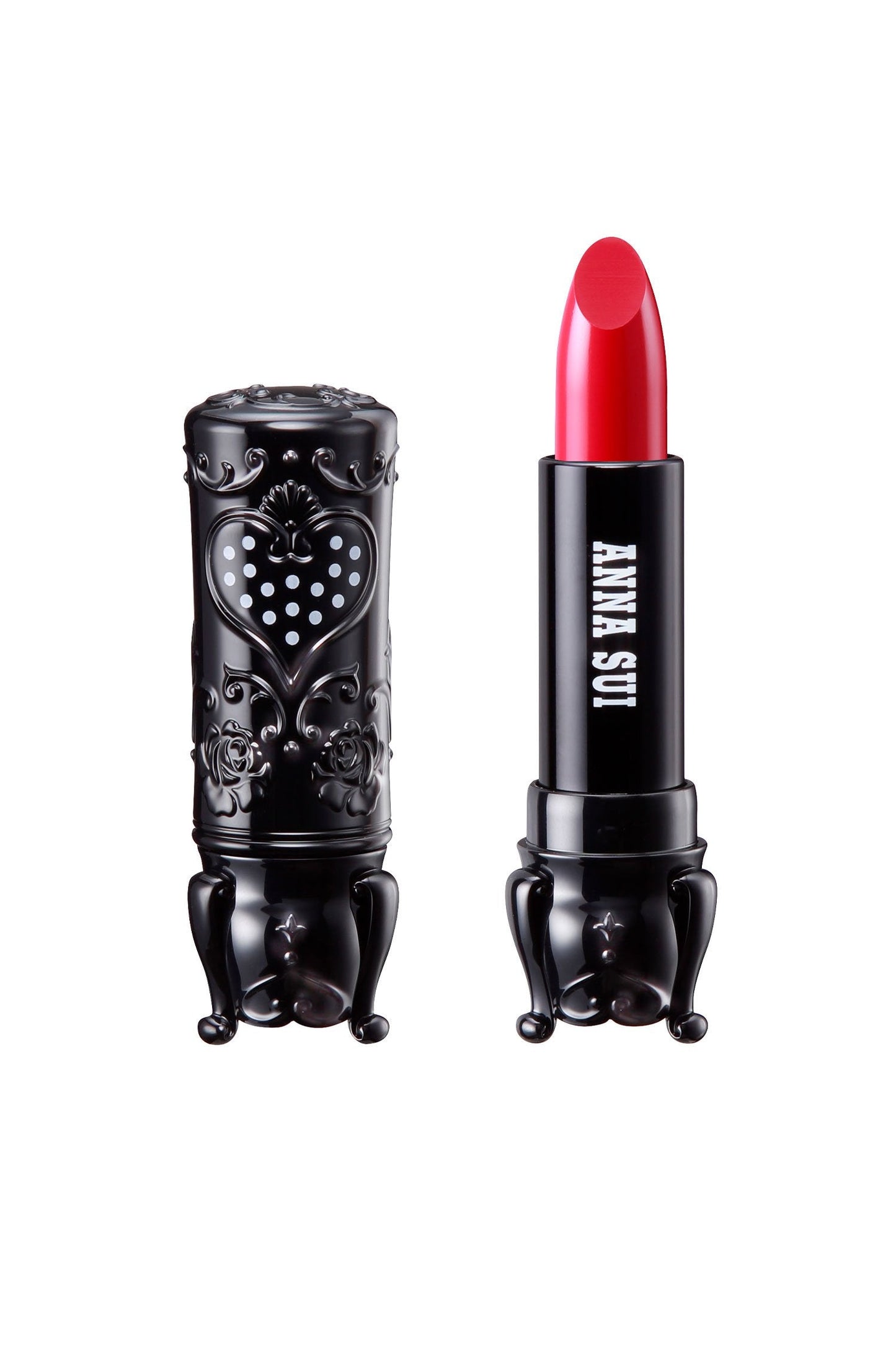 402 Royal Red  in a cylindrical case, with 3 legs, a heart with white dots & floral design on the cap