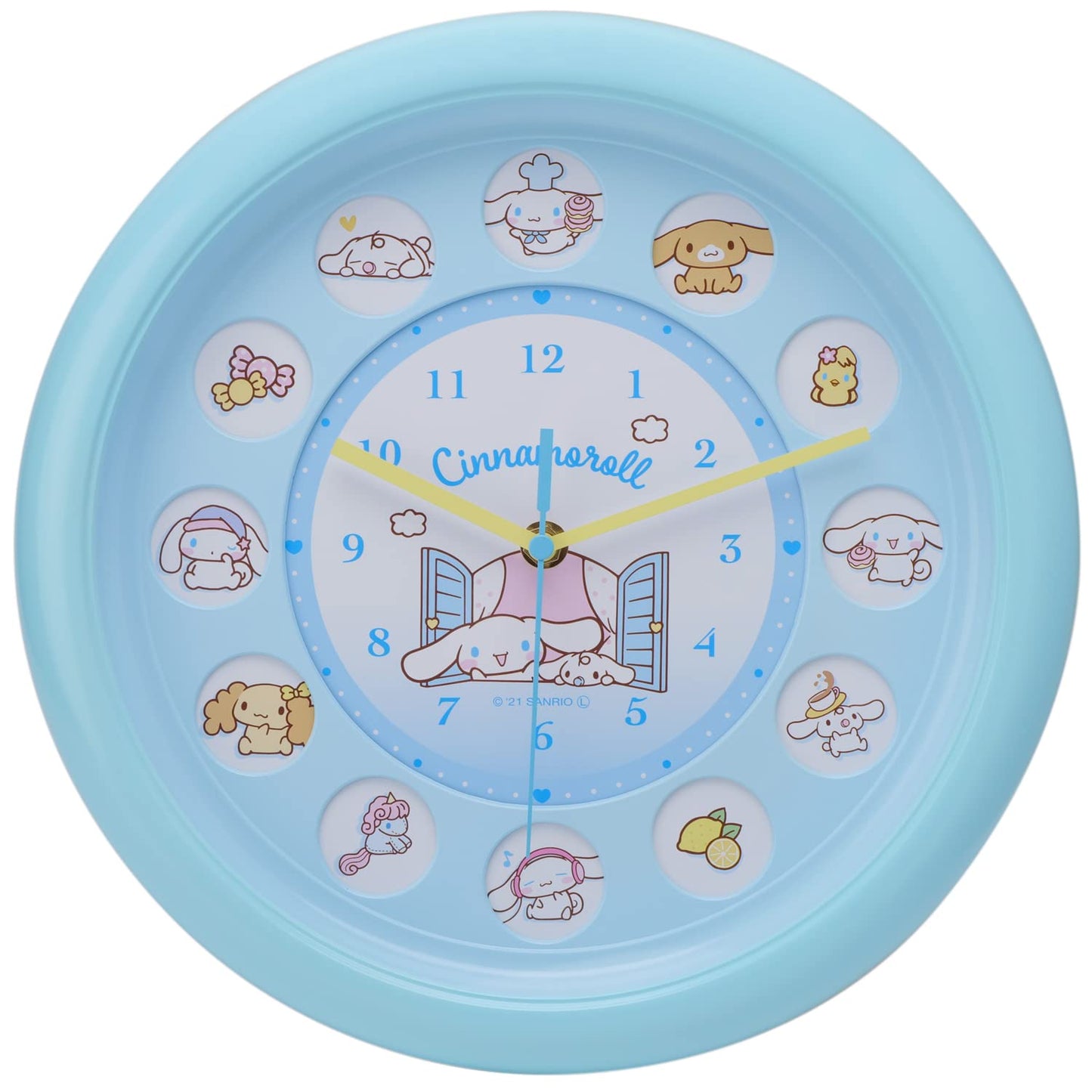 T&#39;S Factory Japan Wall Clock Blue Cinnamoroll Round Window Analog Quiet Continuous Second Hand Sr-5520323Cr