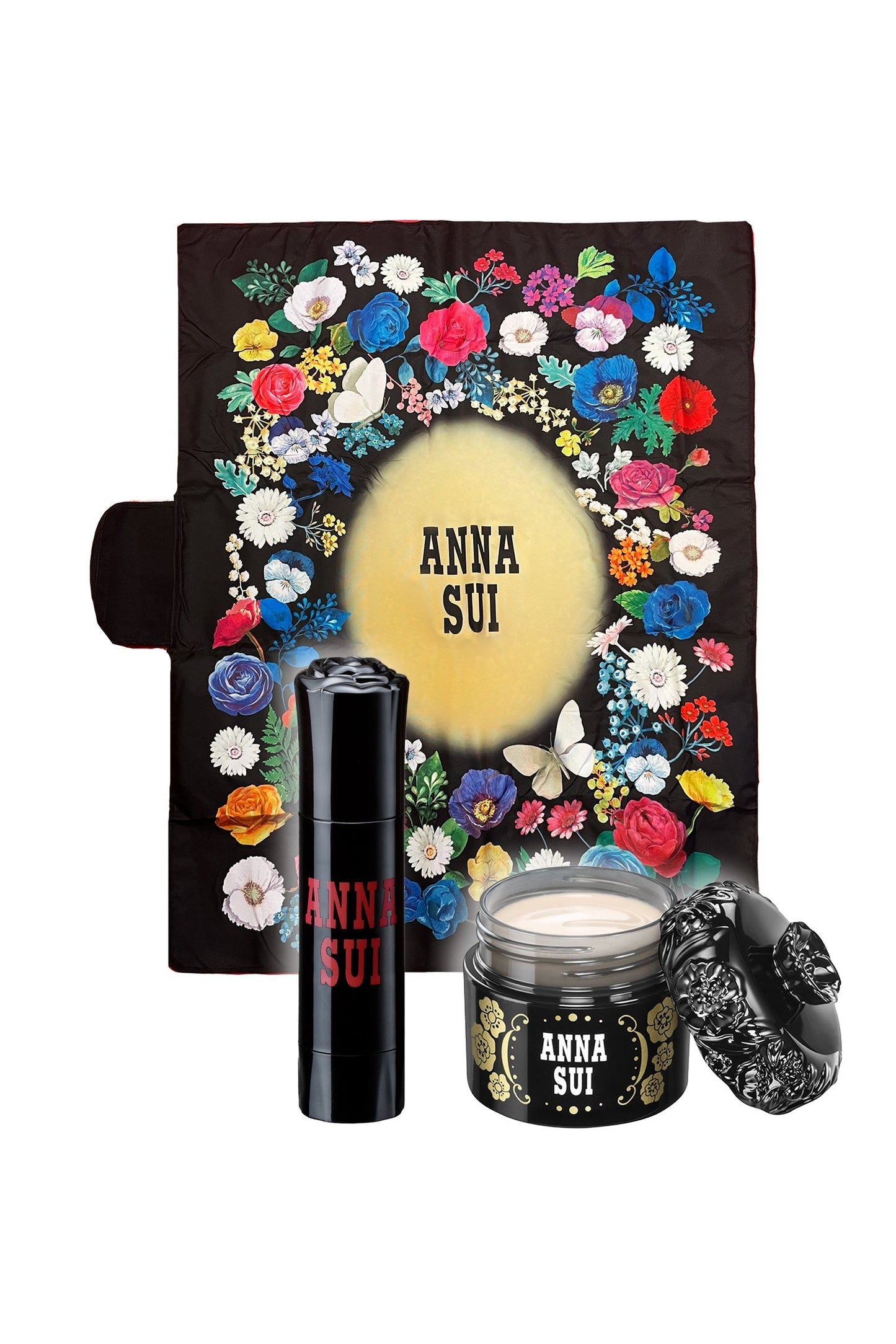 BERRY cheek & primer set, the Anna Sui on cylinder case with a rose on top plus a black round case