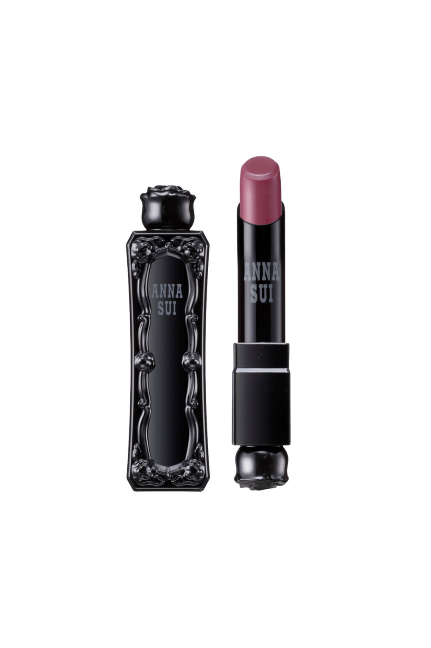 Plum lipstick, in an Anna Sui, black container with raised rose pattern, rose on top