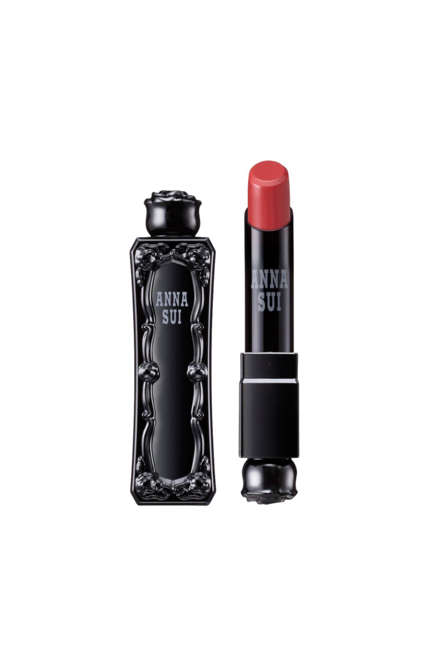 Divine Red lipstick, in an Anna Sui, black container with raised rose pattern, rose on top
