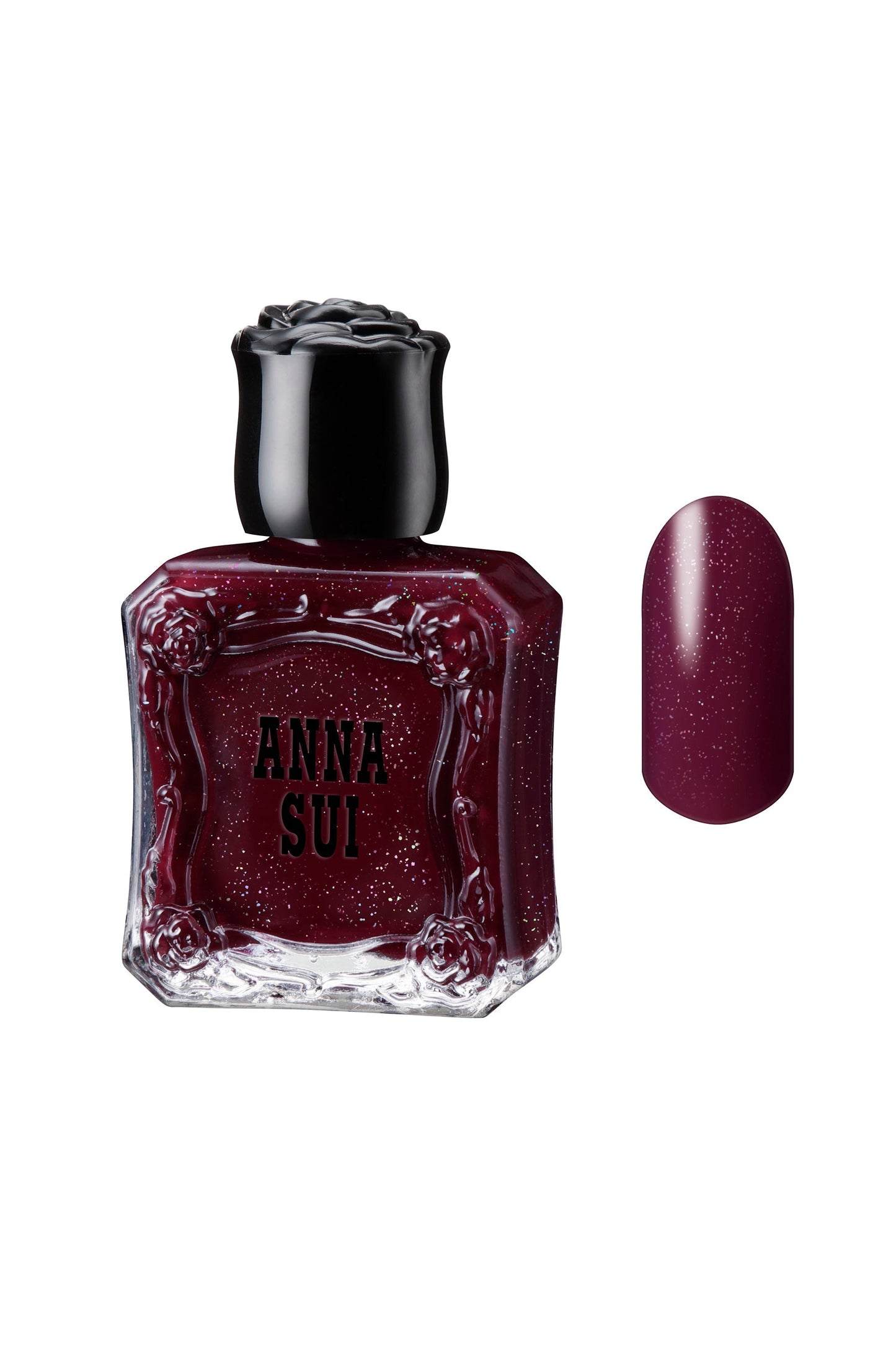 GARNET GLITTER: black cap rose shape, with Anna Sui floral design and label